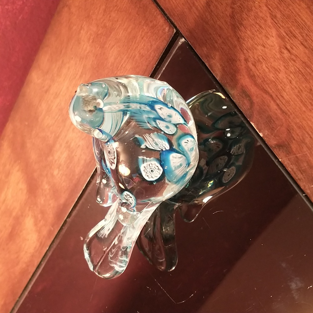 VTG - Hand Blown Glass Bird Paperweight Clear w/Blue-Japan 2.25"H x 3"L x 1.75"W